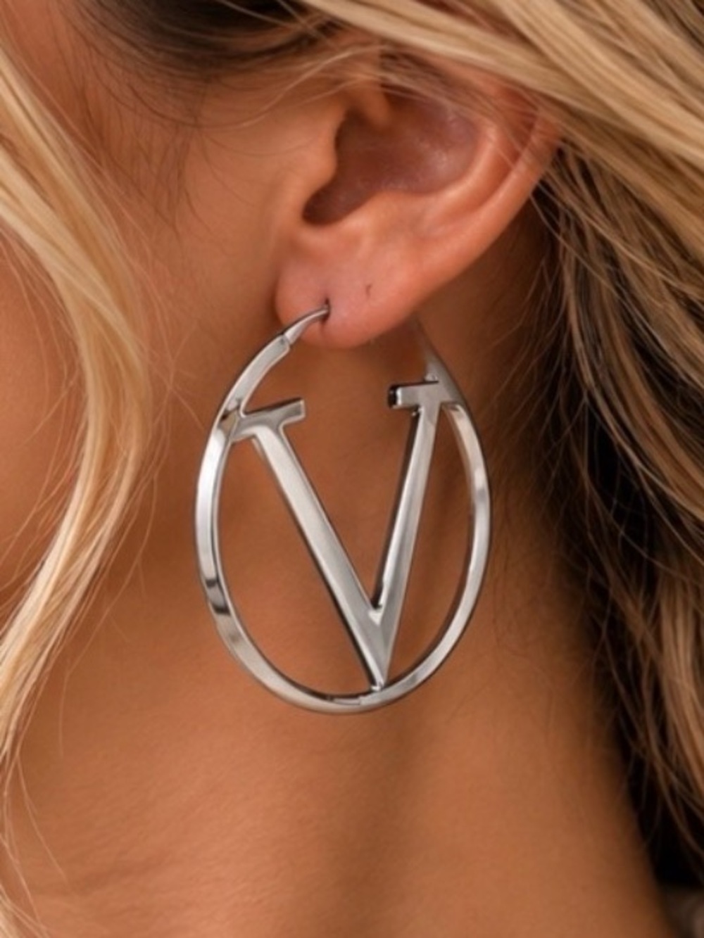 V Hoop Earrings Designer Inspired Statement Hoops Silver 1 3/4”